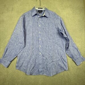 Paul Fredrick Mens Blue Linen Tailored Fit Long Sleeve Dress Shirt 16 1/2 x 33